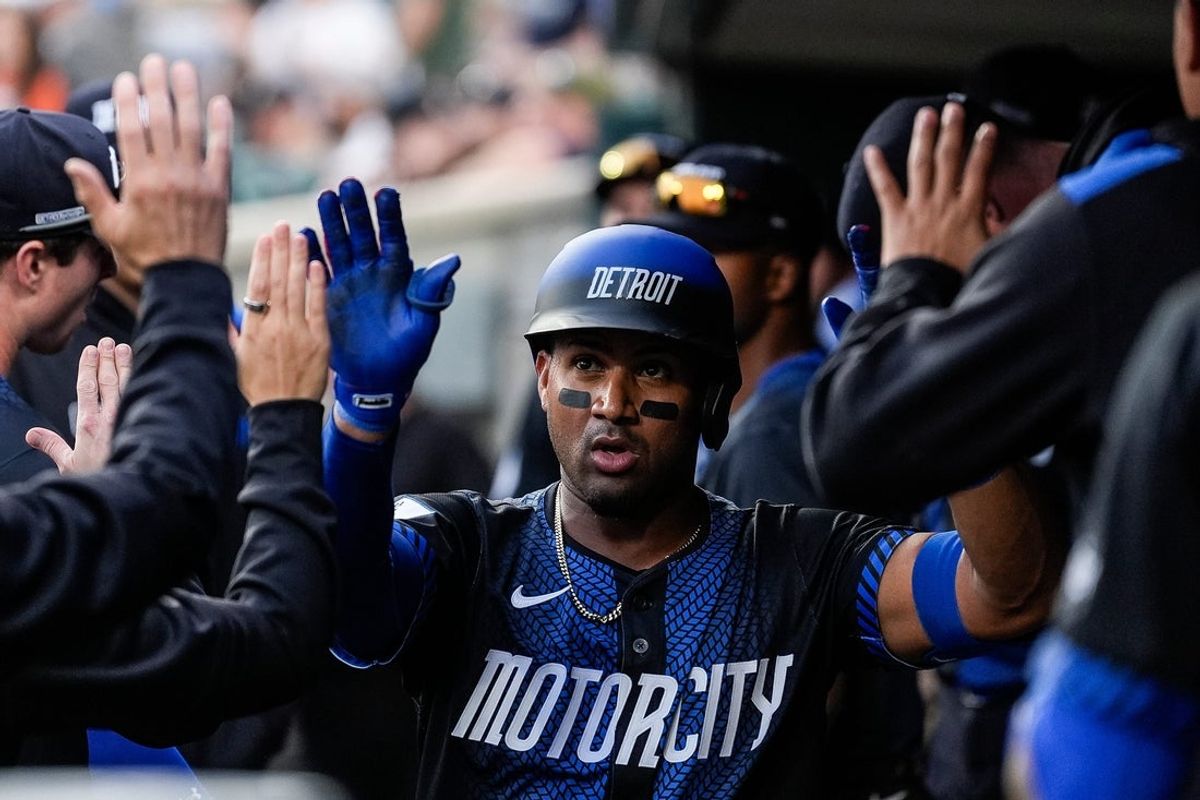 Detroit Tigers third base Andy Ibáñez (77) celebrates batting home run against Kansas City Royals during the fourth inning at Comerica Park in Detroit on Friday, April 18, 2025.