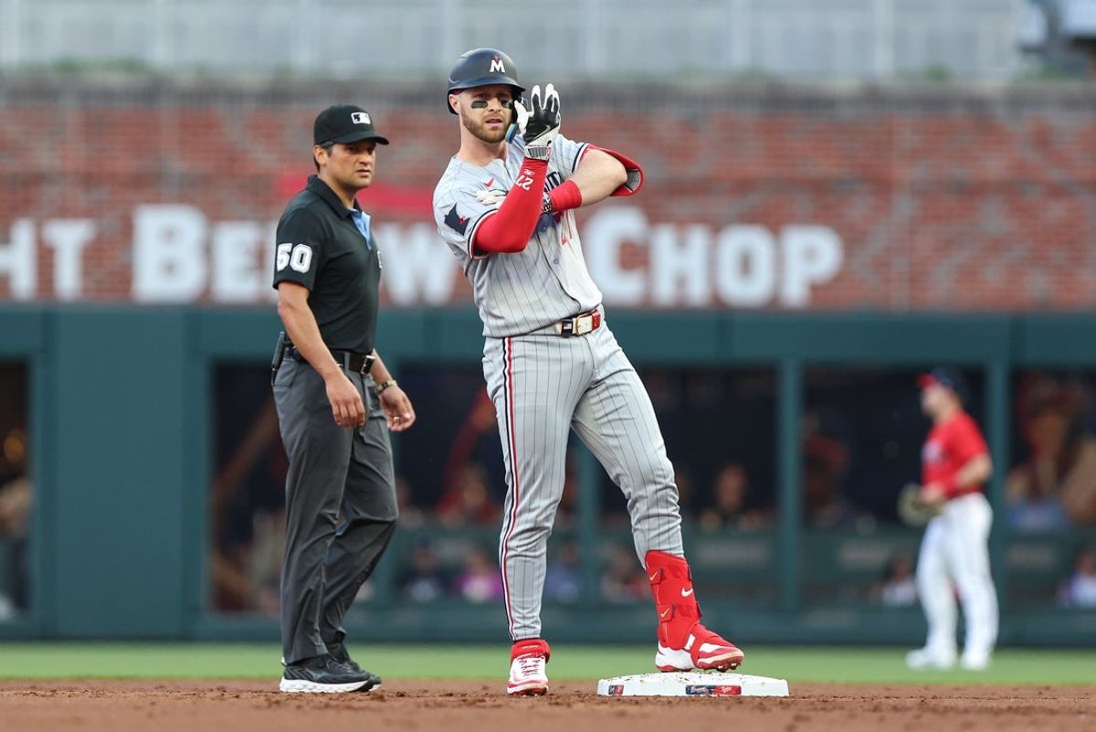 Apr 18, 2025; Cumberland, Georgia, USA; Minnesota Twins catcher Ryan Jeffers (27) celebrates hitting a double against the Atlanta Braves during the second inning at Truist Park. Mandatory Credit: Jordan Godfree-Imagn Images