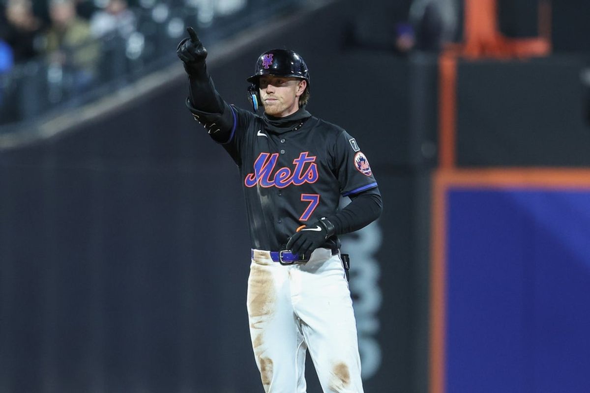 Apr 18, 2025; New York City, New York, USA;  New York Mets second baseman Brett Baty (7) reacts after hitting a double in the fifth inning against the St. Louis Cardinals at Citi Field. Mandatory Credit: Wendell Cruz-Imagn Images
