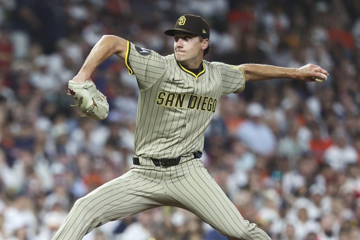 Apr 18, 2025; Houston, Texas, USA; San Diego Padres starting pitcher Kyle Hart (68) delivers a pitch during the first inning against the Houston Astros at Daikin Park. Mandatory Credit: Troy Taormina-Imagn Images