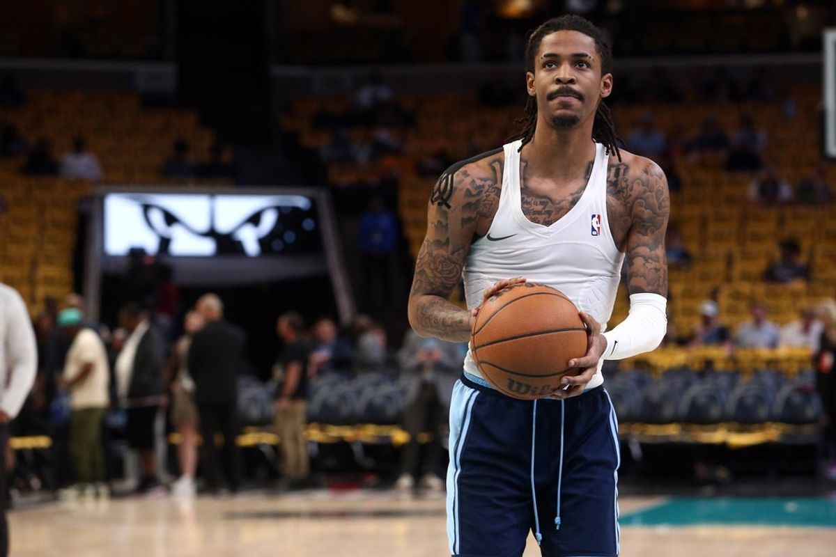 Apr 18, 2025; Memphis, Tennessee, USA; Memphis Grizzlies guard Ja Morant (12) shoots free throws during warm ups prior to a game against the Dallas Mavericks at FedExForum. Mandatory Credit: Petre Thomas-Imagn Images