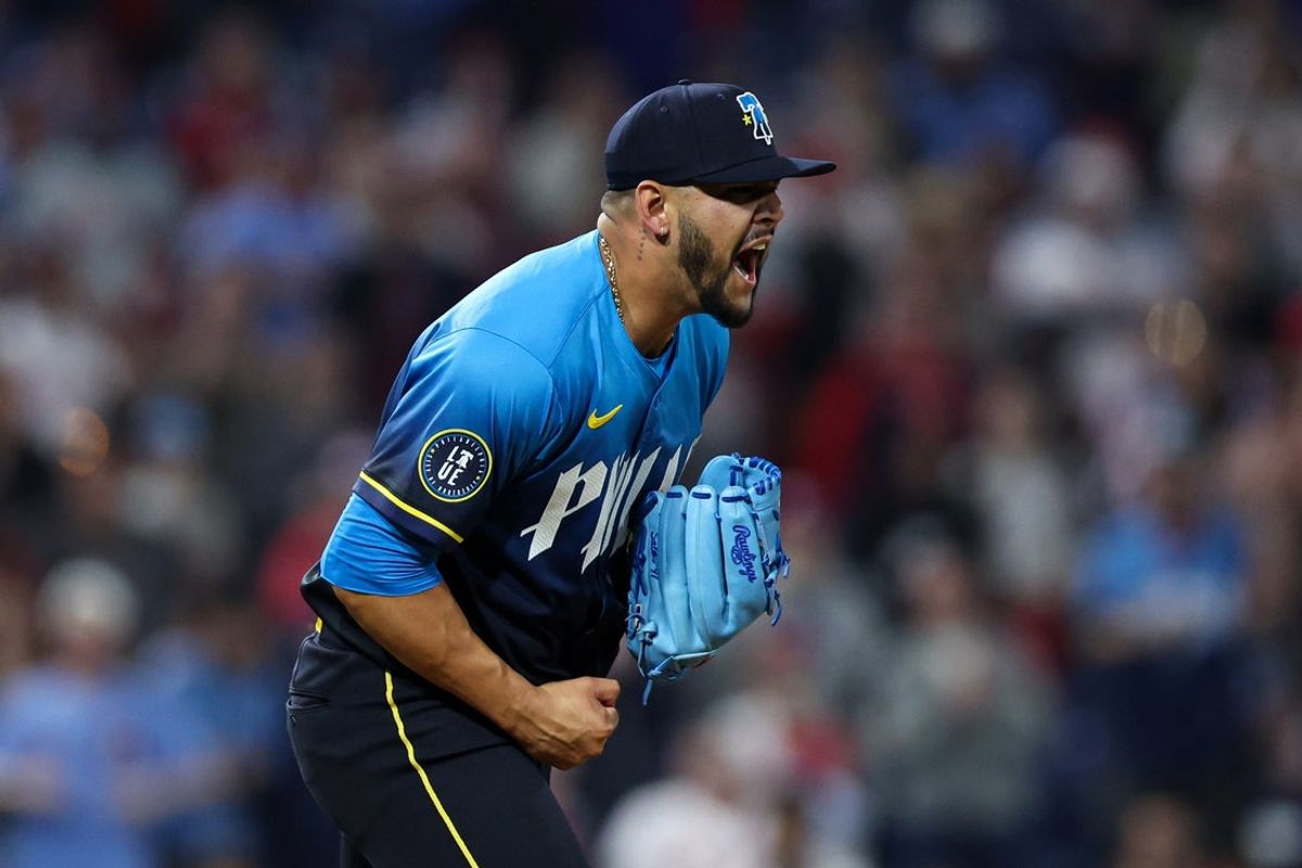 Apr 18, 2025; Philadelphia, Pennsylvania, USA; Philadelphia Phillies pitcher Jose Ruiz reacts after a strike out to end the game for a win against the Miami Marlins at Citizens Bank Park. Mandatory Credit: Bill Streicher-Imagn Images
