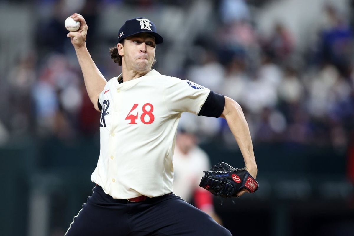 Apr 18, 2025; Arlington, Texas, USA; Texas Rangers pitcher Jacob deGrom (48) throws a pitch during the fourth inning against the Los Angeles Dodgers at Globe Life Field. Mandatory Credit: Tim Heitman-Imagn Images