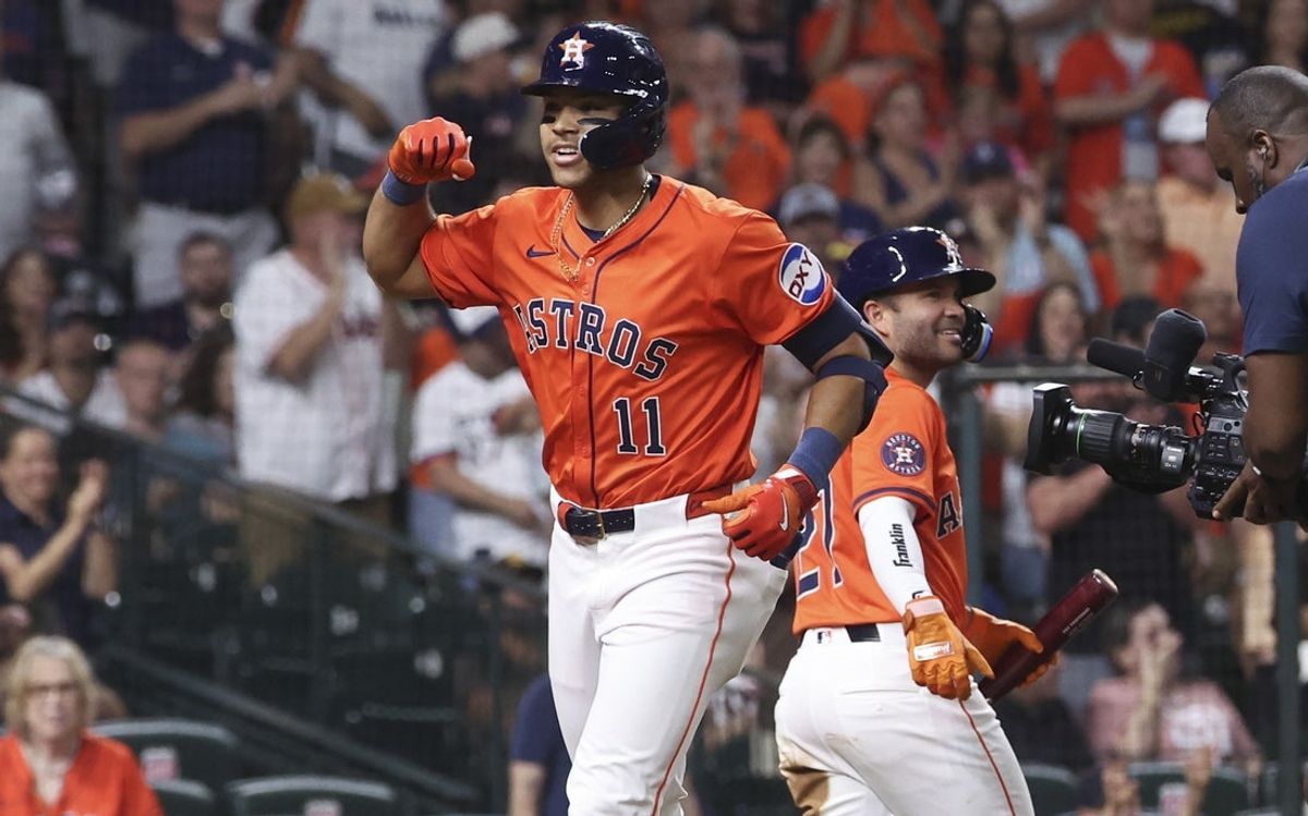 Apr 18, 2025; Houston, Texas, USA; Houston Astros right fielder Cam Smith (11) celebrates after hitting a home run during the fourth inning against the San Diego Padres at Daikin Park. Mandatory Credit: Troy Taormina-Imagn Images