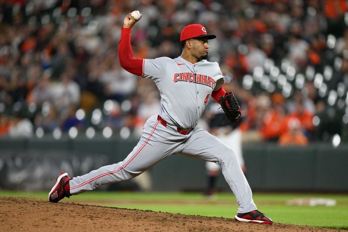 Apr 18, 2025; Baltimore, Maryland, USA; Cincinnati Reds pitcher Alexis Diaz (43) throws a pitch during the ninth inning against the Baltimore Orioles at Oriole Park at Camden Yards. Mandatory Credit: Reggie Hildred-Imagn Images