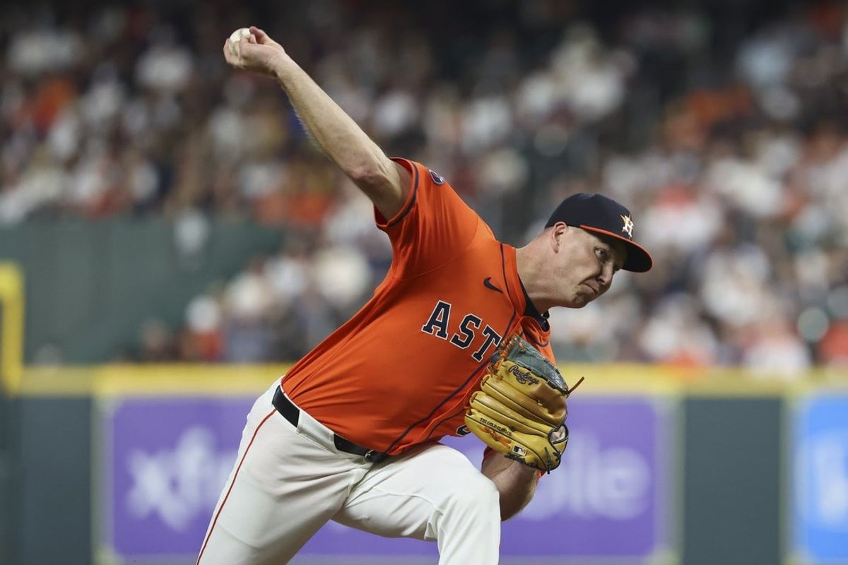 Apr 18, 2025; Houston, Texas, USA; Houston Astros starting pitcher Ryan Gusto (67) delivers a pitch during the second inning against the San Diego Padres at Daikin Park. Mandatory Credit: Troy Taormina-Imagn Images