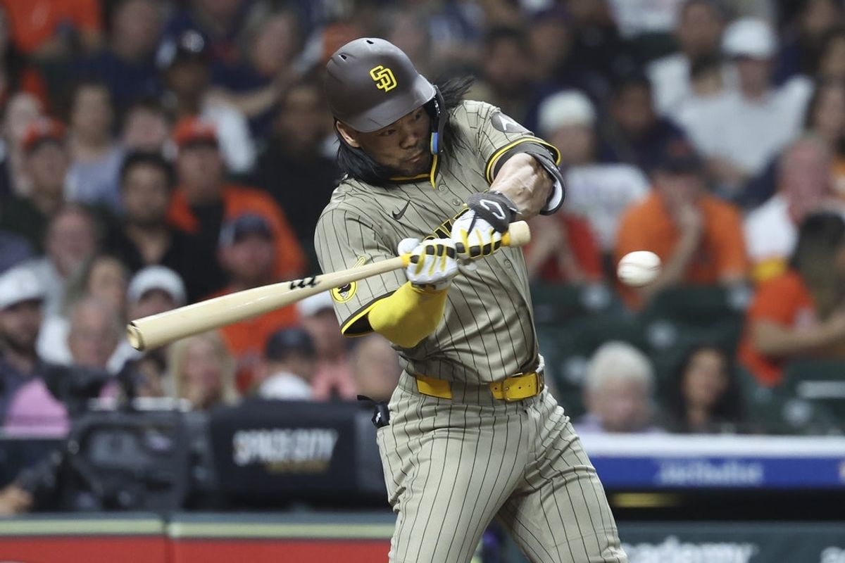 Apr 18, 2025; Houston, Texas, USA; San Diego Padres first baseman Connor Joe (24) bats during the ninth inning against the Houston Astros at Daikin Park. Mandatory Credit: Troy Taormina-Imagn Images