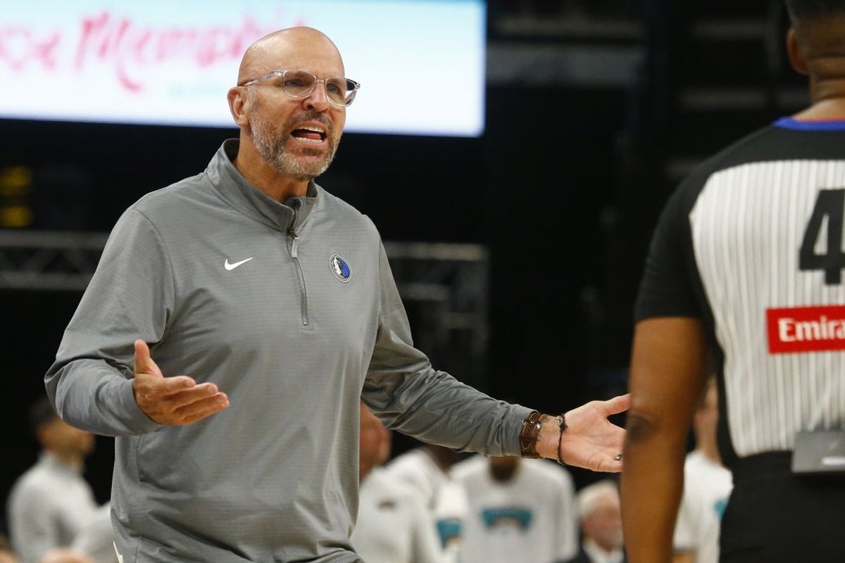 Apr 18, 2025; Memphis, Tennessee, USA; Dallas Mavericks head coach Jason Kidd reacts toward an official during the fourth quarter against the Memphis Grizzlies at FedExForum. Mandatory Credit: Petre Thomas-Imagn Images