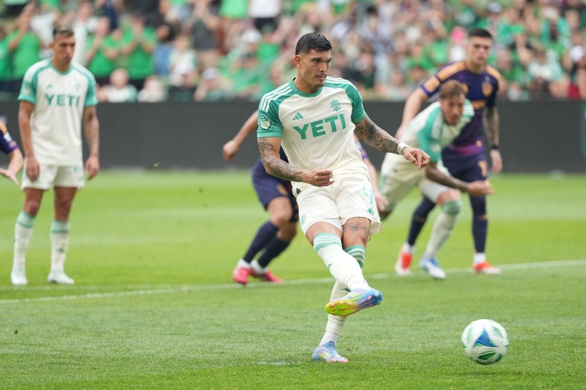 Apr 19, 2025; Austin, Texas, USA; Austin FC forward Brandon Vazquez (9) shoots a penalty kick during the second half against LA Galaxy at Q2 Stadium. Mandatory Credit: Scott Wachter-Imagn Images