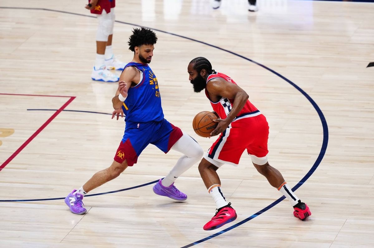 Apr 19, 2025; Denver, Colorado, USA; Denver Nuggets guard Jamal Murray (27) defends LA Clippers guard James Harden (1) in the first quarter at Ball Arena. Mandatory Credit: Ron Chenoy-Imagn Images