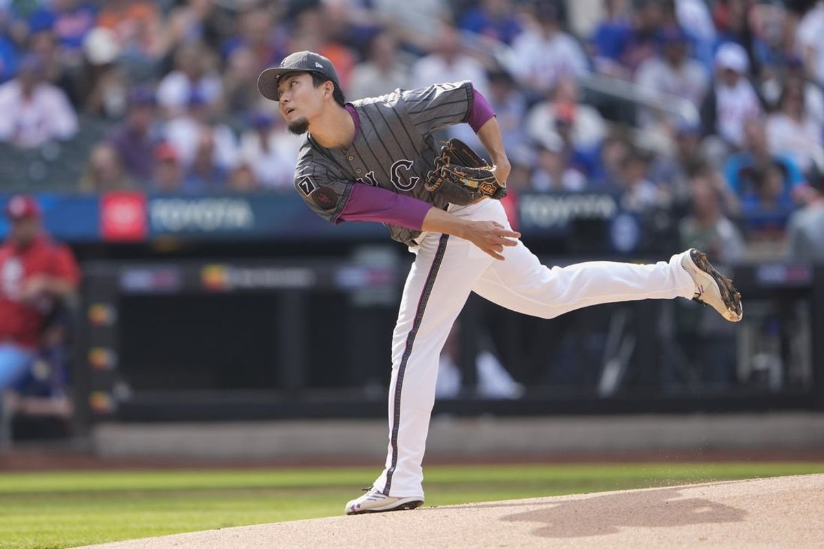 Apr 19, 2025; New York City, New York, USA;  New York Mets pitcher Kodai Senga (34) delivers a pitch against the St. Louis Cardinals during the first inning at Citi Field. Mandatory Credit: Gregory Fisher-Imagn Images