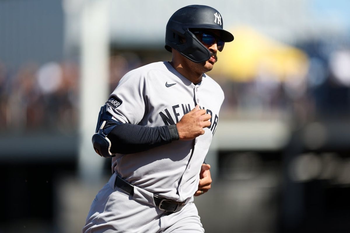 Apr 19, 2025; Tampa, Florida, USA; New York Yankees center fielder Trent Grisham (12) runs the bases after hitting a home run against the Tampa Bay Rays in the second inning at George M. Steinbrenner Field. Mandatory Credit: Nathan Ray Seebeck-Imagn Images