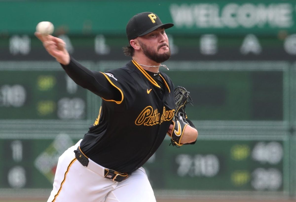 Apr 19, 2025; Pittsburgh, Pennsylvania, USA;  Pittsburgh Pirates starting pitcher Paul Skenes (30) delivers a pitch against the Cleveland Guardians during the first inning at PNC Park. Mandatory Credit: Charles LeClaire-Imagn Images