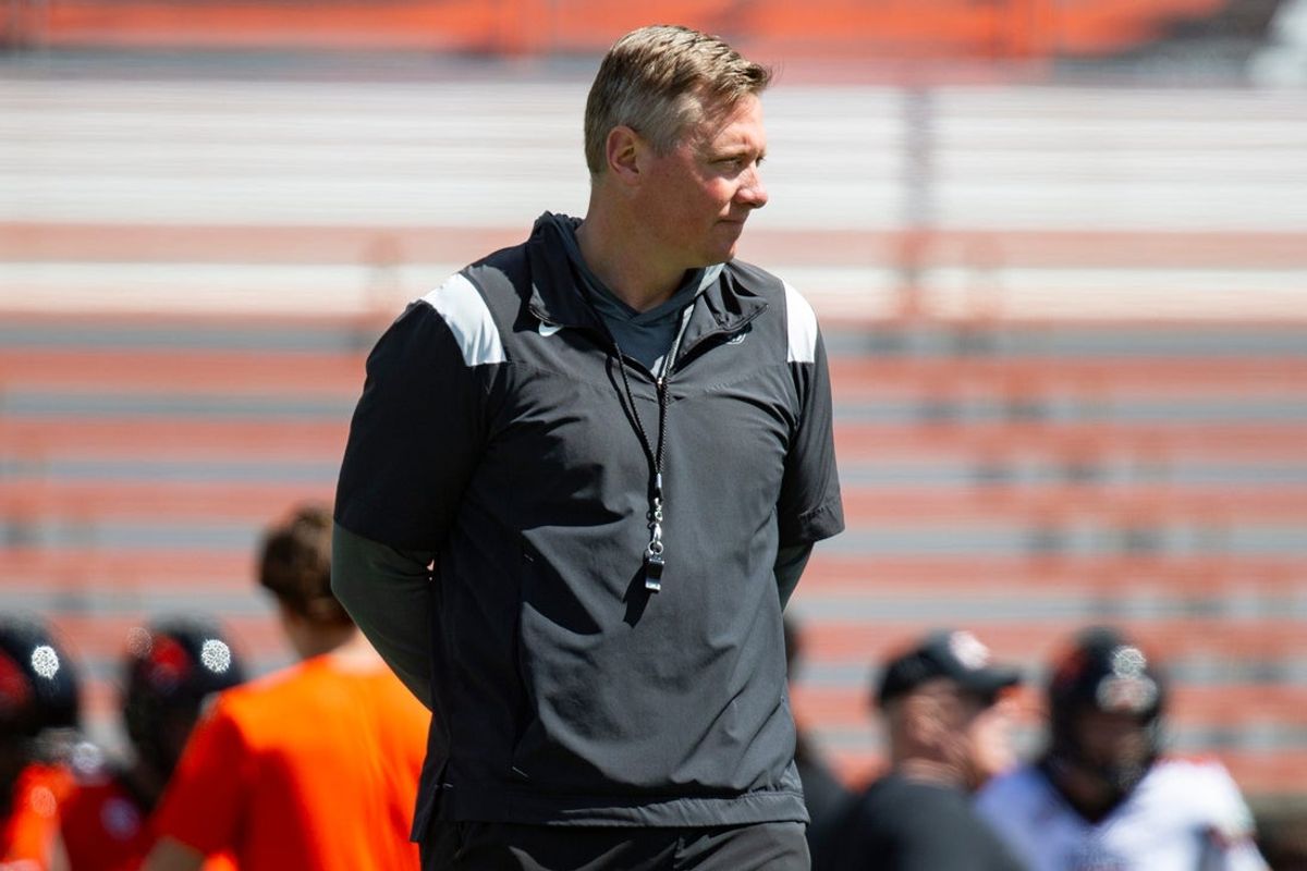 Oregon State head coach Trent Bray watches his team compete during the Oregon State Spring Game at Reser Stadium on Saturday, April 19, 2025, in Corvallis, Ore.