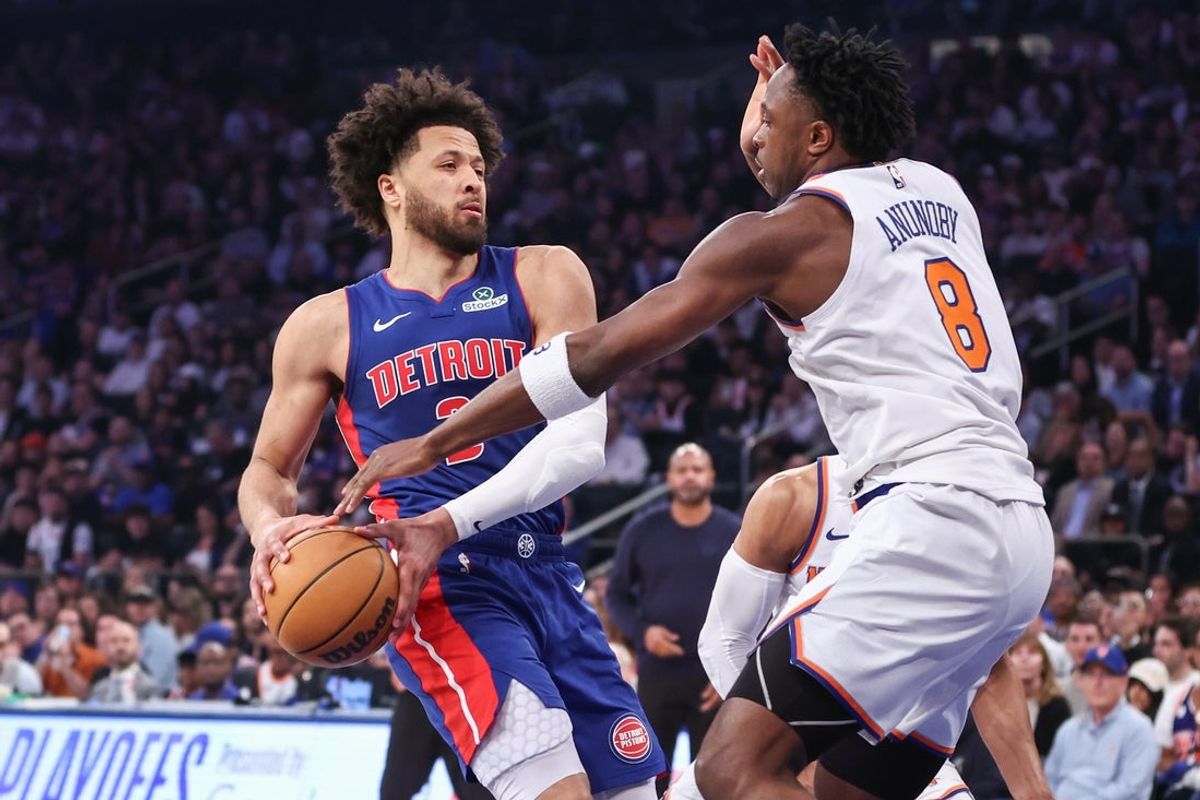 Apr 19, 2025; New York, New York, USA; Detroit Pistons guard Cade Cunningham (2) looks to drive past New York Knicks forward OG Anunoby (8) in Game One of the First Round of the NBA Playoffs at Madison Square Garden. Mandatory Credit: Wendell Cruz-Imagn Images
