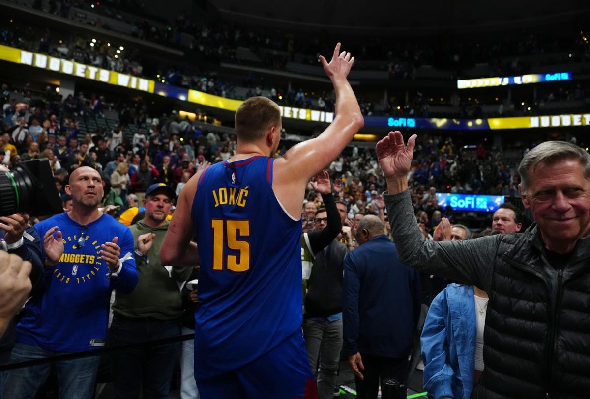 Apr 19, 2025; Denver, Colorado, USA; Denver Nuggets center Nikola Jokic (15) following the overtime win against the LA Clippers t Ball Arena. Mandatory Credit: Ron Chenoy-Imagn Images