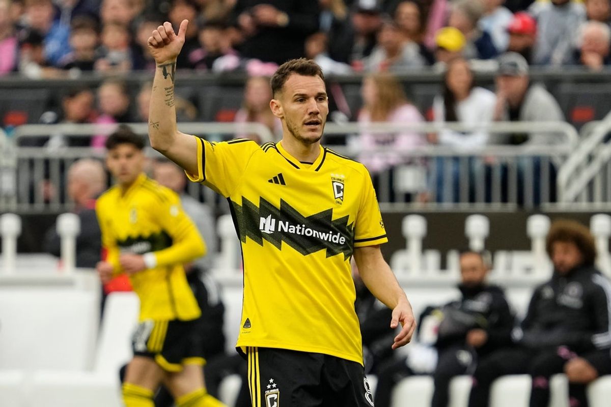 Columbus Crew midfielder Daniel Gazdag (8) reacts during the first half of the MLS soccer game against Inter Miami CF at Huntington Bank Field in Cleveland on April 19, 2025.