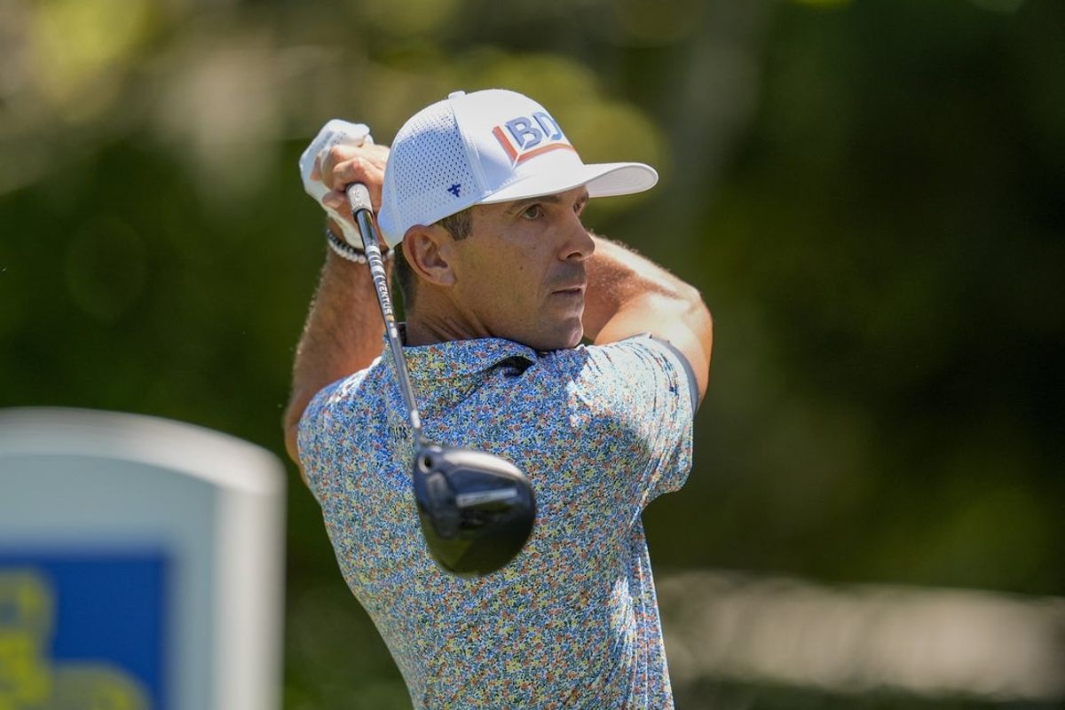 Apr 19, 2025; Hilton Head, South Carolina, USA; Billy Horschel tees off on three during the third round of the RBC Heritage golf tournament. Mandatory Credit: Jim Dedmon-Imagn Images
