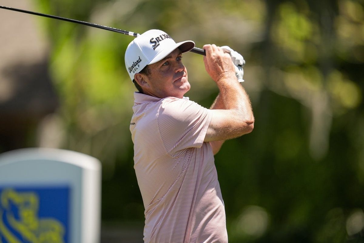 Apr 19, 2025; Hilton Head, South Carolina, USA; Keegan Bradley on the third tee during the third round of the RBC Heritage golf tournament. Mandatory Credit: Jim Dedmon-Imagn Images
