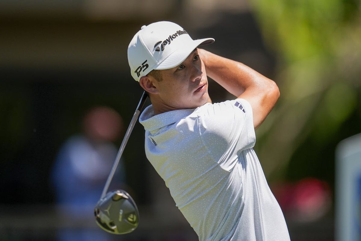 Apr 19, 2025; Hilton Head, South Carolina, USA; Collin Morikawa tees off on three during the third round of the RBC Heritage golf tournament. Mandatory Credit: Jim Dedmon-Imagn Images