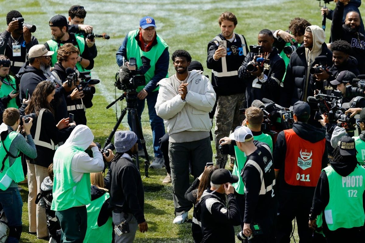 Apr 19, 2025; Boulder, CO, USA; Former Colorado Buffaloes player Shedeur Sanders during his number retirement ceremony before the spring game at Folsom Field. Mandatory Credit: Isaiah J. Downing-Imagn Images