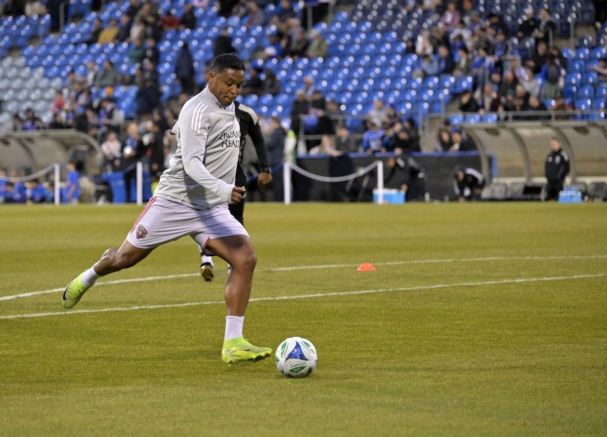 Apr 19, 2025; Montreal, Province of Quebec, CAN;  Orlando City forward Luis Muriel (9) warms up before the game against CF Montreal at Saputo Stadium. Mandatory Credit: Eric Bolte-Imagn Images