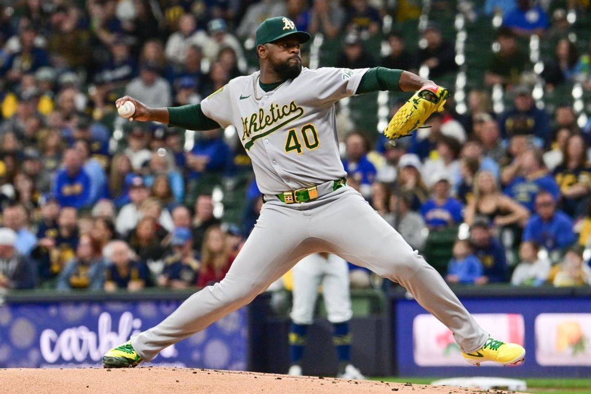 Apr 19, 2025; Milwaukee, Wisconsin, USA; Athletics starting pitcher Luis Severino (40) throws a pitch in the first inning against the Athletics at American Family Field. Mandatory Credit: Benny Sieu-Imagn Images