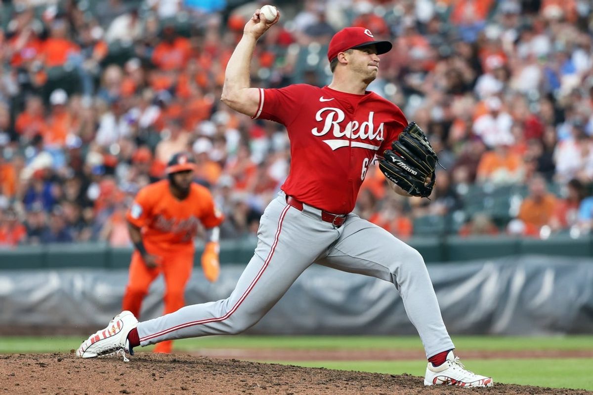 Apr 19, 2025; Baltimore, Maryland, USA; Cincinnati Reds pitcher Carson Spiers (68) throws the ball during the sixth inning against the Baltimore Orioles at Oriole Park at Camden Yards. Mandatory Credit: Daniel Kucin Jr.-Imagn Images