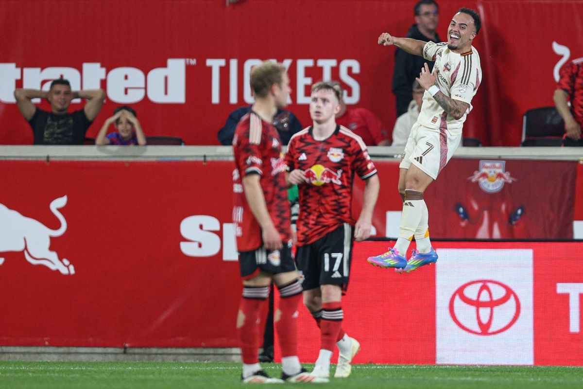 Apr 19, 2025; Harrison, New Jersey, USA; D.C. United forward Joao Peglow (7) celebrates his second goal of the match against the New York Red Bulls during the first half at Sports Illustrated Stadium. Mandatory Credit: Vincent Carchietta-Imagn Images