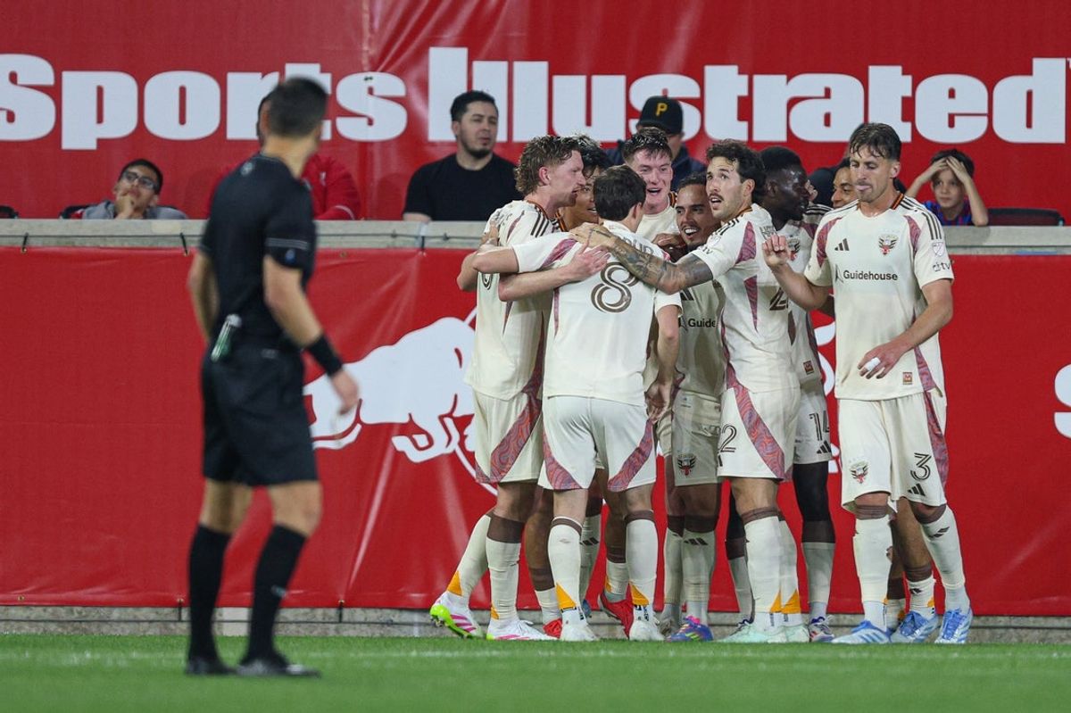 Apr 19, 2025; Harrison, New Jersey, USA; D.C. United forward Joao Peglow (7) celebrates his second goal of the match with teammates against the New York Red Bulls during the first half at Sports Illustrated Stadium. Mandatory Credit: Vincent Carchietta-Imagn Images