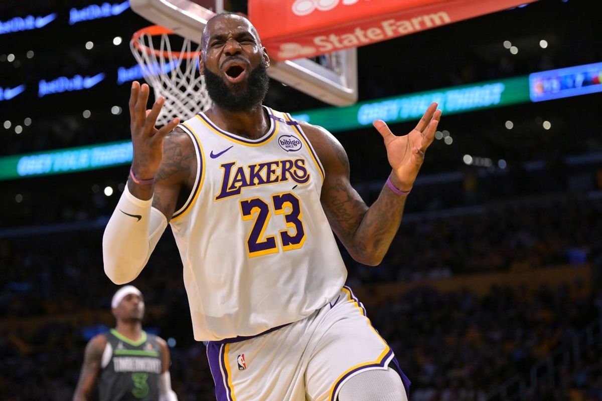 Apr 19, 2025; Los Angeles, California, USA;  Los Angeles Lakers forward LeBron James (23) reacts after missing a pass in the first quarter against the Minnesota Timberwolves at Crypto.com Arena. Mandatory Credit: Jayne Kamin-Oncea-Imagn Images