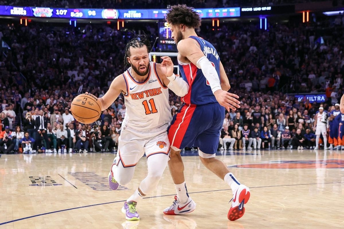 Apr 19, 2025; New York, New York, USA; New York Knicks guard Jalen Brunson (11) looks to drive past Detroit Pistons guard Cade Cunningham (2) in Game One of the First Round of the NBA Playoffs at Madison Square Garden. Mandatory Credit: Wendell Cruz-Imagn Images
