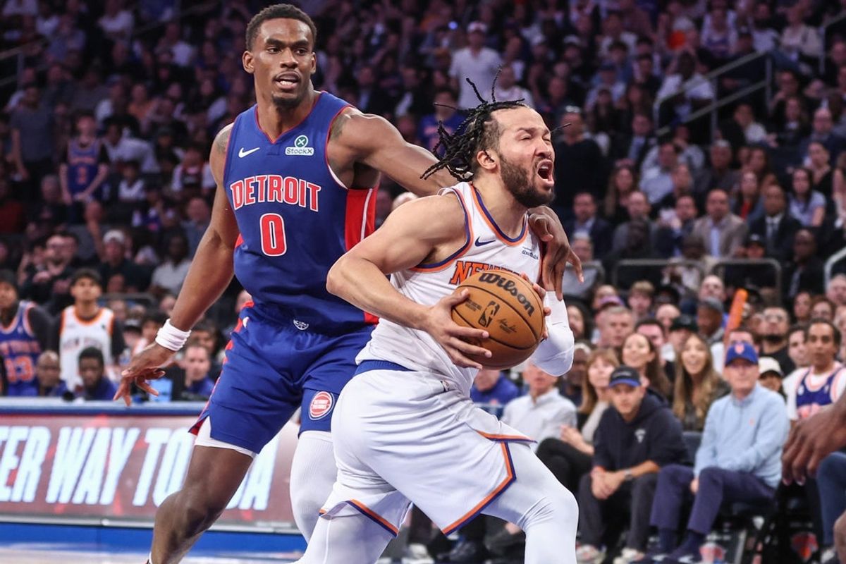 Apr 19, 2025; New York, New York, USA; New York Knicks guard Jalen Brunson (11) drives past Detroit Pistons center Jalen Duren (0) in Game One of the First Round of the NBA Playoffs at Madison Square Garden. Mandatory Credit: Wendell Cruz-Imagn Images