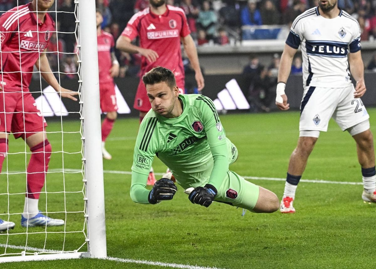Apr 19, 2025; St. Louis, Missouri, USA; St. Louis City goalkeeper Ben Lundt (39) defends the net against the Vancouver Whitecaps during the first half at CITYPARK. Mandatory Credit: Scott Rovak-Imagn Images