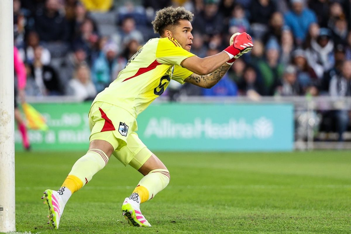 Apr 19, 2025; Saint Paul, Minnesota, USA; Minnesota United goalkeeper Dayne St. Clair (97) defends his net against FC Dallas during the first half at Allianz Field. Mandatory Credit: Matt Krohn-Imagn Images