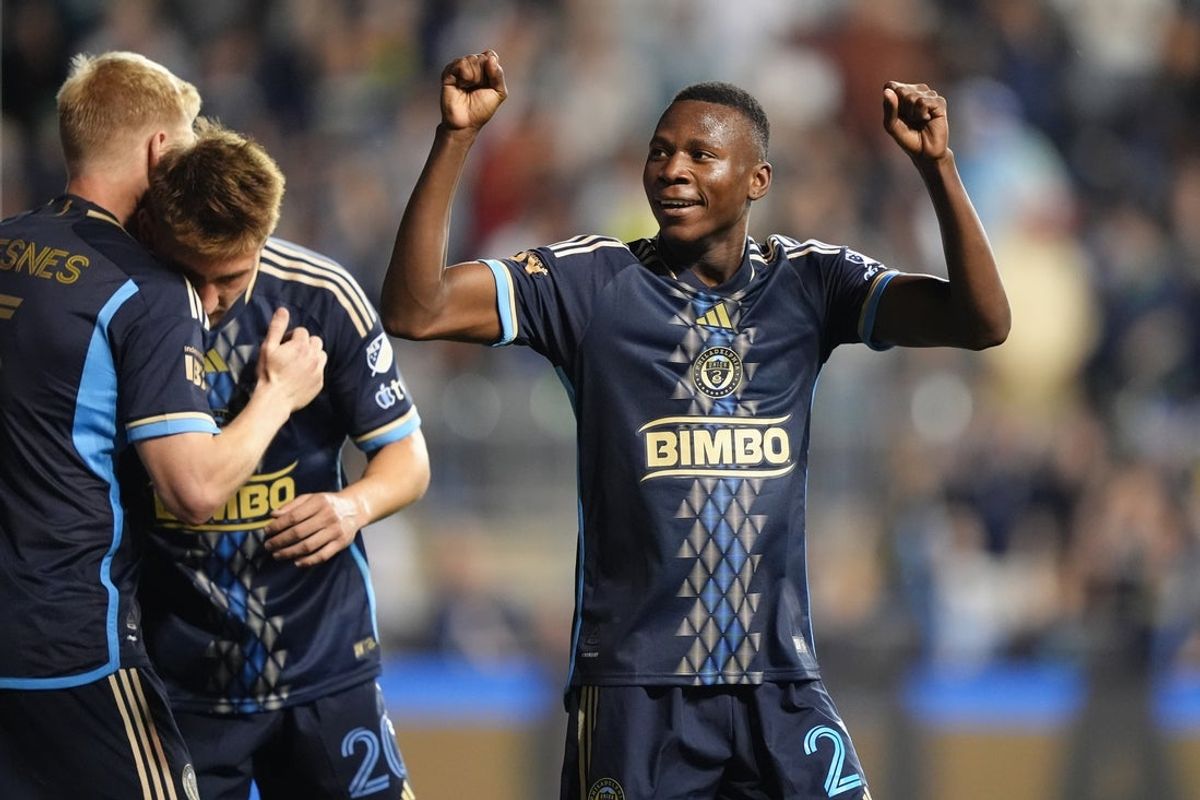 Apr 19, 2025; Chester, Pennsylvania, USA; Philadelphia Union midfielder Danley Jean Jacques (21) celebrates after scoring a goal against Atlanta United in the second half at Subaru Park. Mandatory Credit: Kyle Ross-Imagn Images
