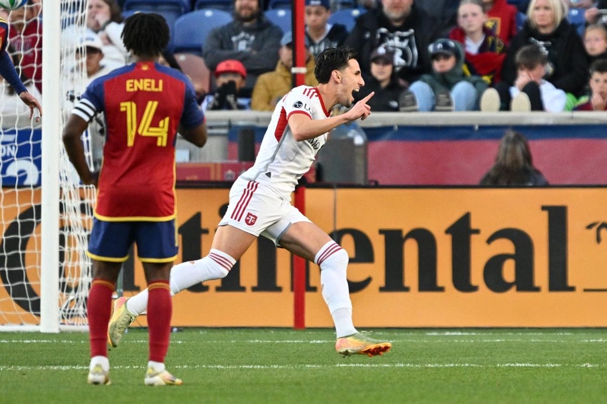 Apr 19, 2025; Sandy, Utah, USA;  Toronto FC forward Theo Corbeanu (7) celebrates after scoring a goal in the first half against Real Salt Lake at America First Field. Mandatory Credit: Jamie Sabau-Imagn Images