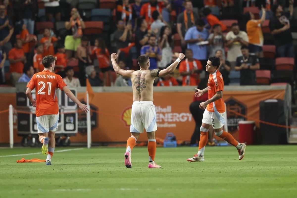 Apr 19, 2025; Houston, Texas, USA; Houston Dynamo FC forward Ondrej Lingr (9) celebrates after scoring a goal during stoppage time in the second half against the Colorado Rapids at Shell Energy Stadium. Mandatory Credit: Troy Taormina-Imagn Images
