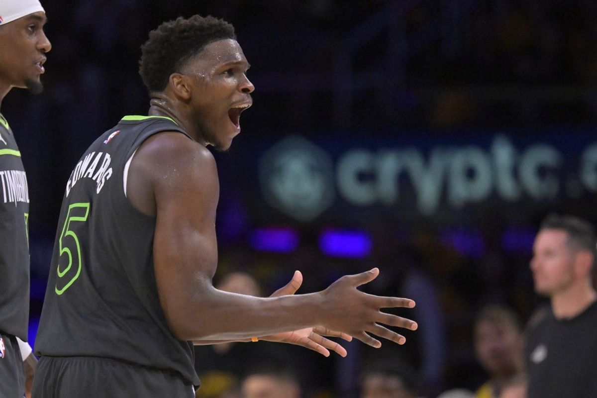 Apr 19, 2025; Los Angeles, California, USA; Minnesota Timberwolves guard Anthony Edwards (5) reacts toward referee Brian Forte (45) after called for a foul on Los Angeles Lakers forward LeBron James (23) in the second half at Crypto.com Arena. Mandatory Credit: Jayne Kamin-Oncea-Imagn Images