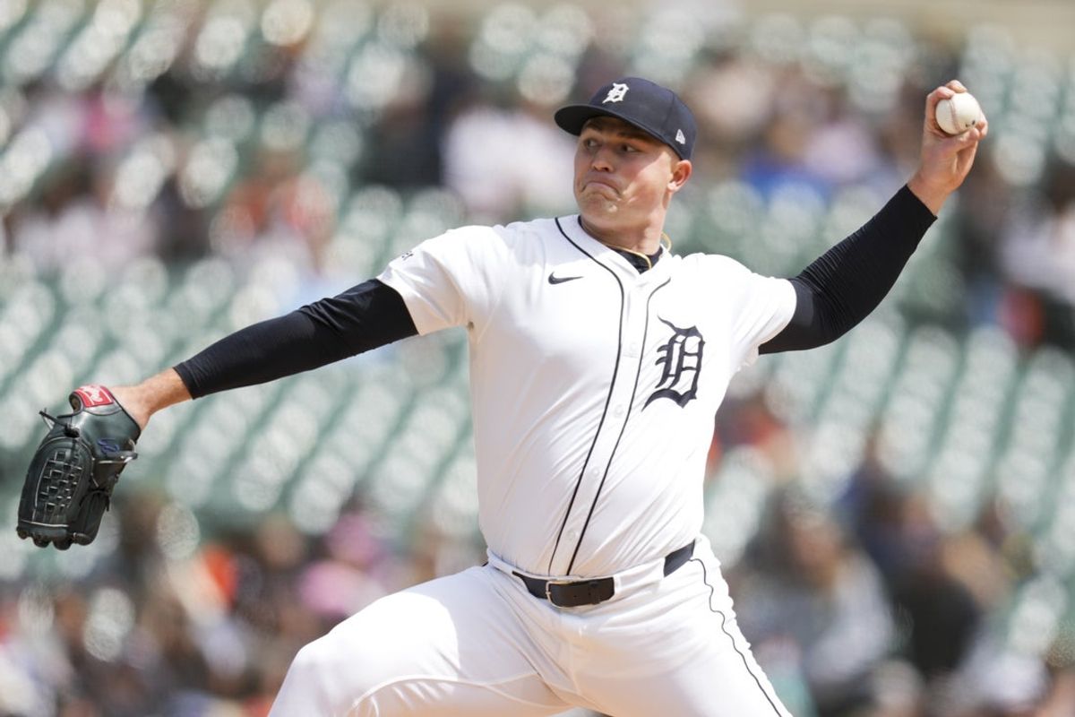 Apr 20, 2025; Detroit, Michigan, USA; Detroit Tigers pitcher Tarik Skubal (29) throws against the Kansas City Royals in the first inning at Comerica Park. Mandatory Credit: Aaron Doster-Imagn Images