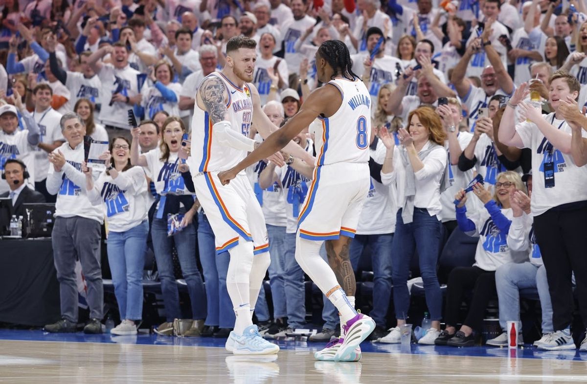 Apr 20, 2025; Oklahoma City, Oklahoma, USA; Oklahoma City Thunder center Isaiah Hartenstein (55) and forward Jalen Williams (8) celebrate against the Memphis Grizzlies during the second quarter at Paycom Center. Mandatory Credit: Alonzo Adams-Imagn Images