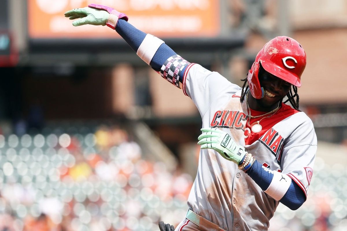 Apr 20, 2025; Baltimore, Maryland, USA; Cincinnati Reds shortstop Elly De La Cruz (44) celebrates after hitting a home run during the third inning against the Baltimore Orioles at Oriole Park at Camden Yards. Mandatory Credit: Daniel Kucin Jr.-Imagn Images