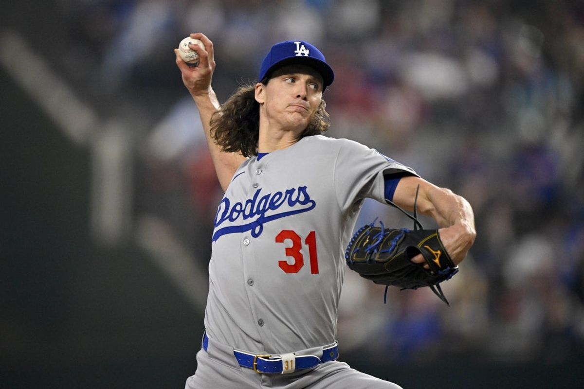 Apr 20, 2025; Arlington, Texas, USA; Los Angeles Dodgers starting pitcher Tyler Glasnow (31) pitches against the Texas Rangers during the first inning at Globe Life Field. Mandatory Credit: Jerome Miron-Imagn Images