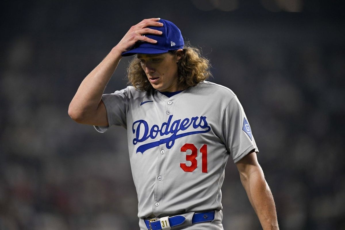 Apr 20, 2025; Arlington, Texas, USA; Los Angeles Dodgers starting pitcher Tyler Glasnow (31) comes off the field after he pitches against the Texas Rangers during the first inning at Globe Life Field. Mandatory Credit: Jerome Miron-Imagn Images