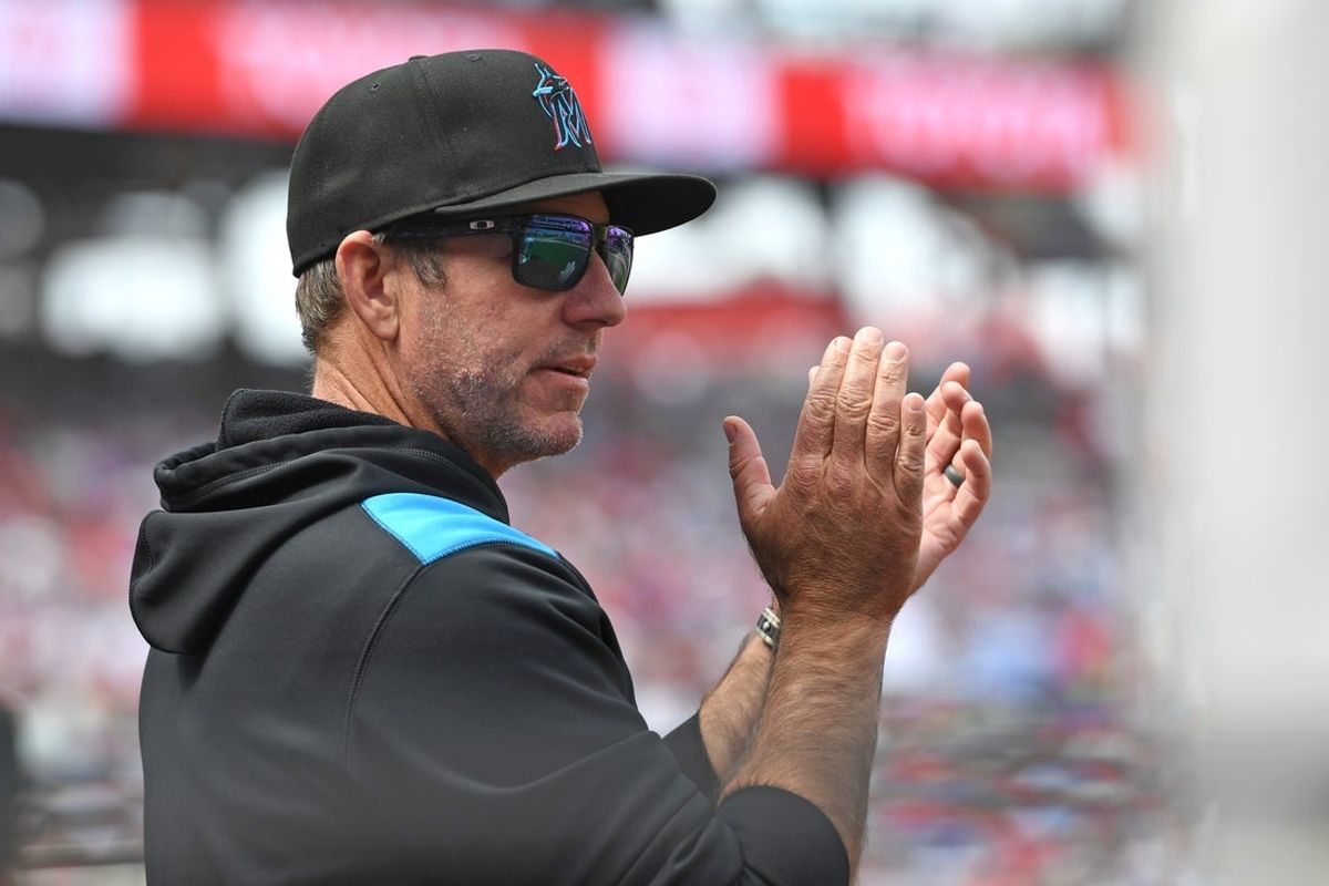 Apr 20, 2025; Philadelphia, Pennsylvania, USA; Miami Marlins manager Clayton McCullough (86) during the fourth inning against the Philadelphia Phillies at Citizens Bank Park. Mandatory Credit: Eric Hartline-Imagn Images