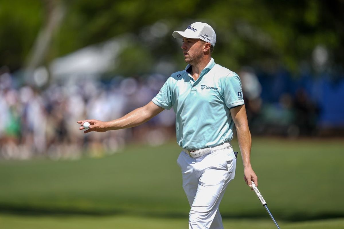 Apr 20, 2025; Hilton Head, South Carolina, USA; Justin Thomas acknowledges the gallery during the final round of the RBC Heritage golf tournament. Mandatory Credit: Jim Dedmon-Imagn Images