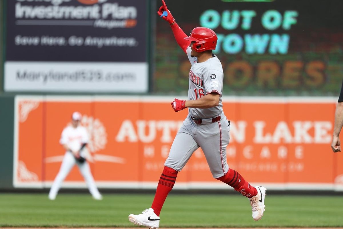 Apr 20, 2025; Baltimore, Maryland, USA; Cincinnati Reds infielder Noelvi Marte (16) celebrates after hitting a grand slam during the eighth inning against the Baltimore Orioles at Oriole Park at Camden Yards. Mandatory Credit: Daniel Kucin Jr.-Imagn Images