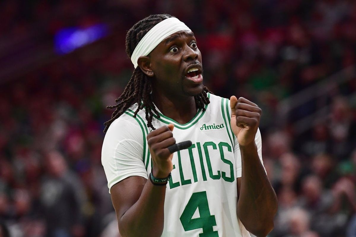 Apr 20, 2025; Boston, Massachusetts, USA; Boston Celtics guard Jrue Holiday (4) reacts after a play during the second against the Orlando Magic at TD Garden. Mandatory Credit: Bob DeChiara-Imagn Images