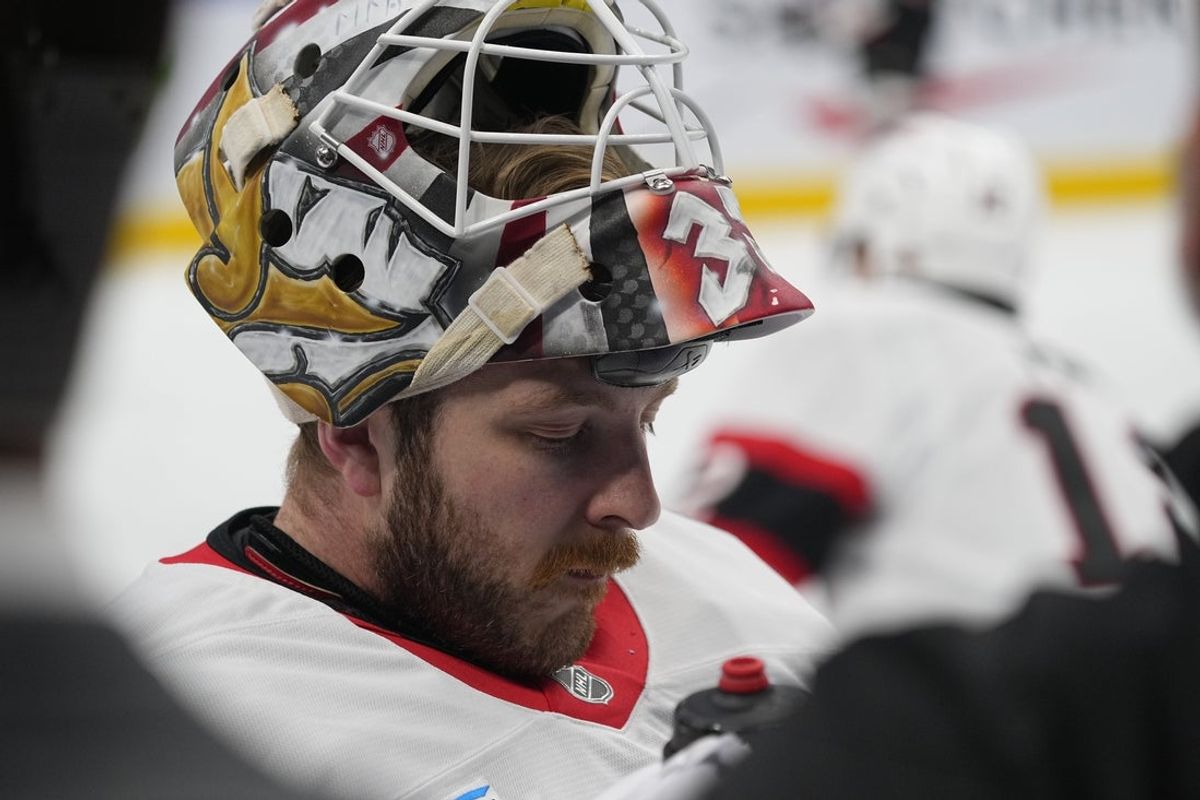 Apr 20, 2025; Toronto, Ontario, CAN; Ottawa Senators goaltender Linus Ullmark (35) during warm up before the start of game one of the first round of the 2025 Stanley Cup Playoffs at Scotiabank Arena. Mandatory Credit: John E. Sokolowski-Imagn Images