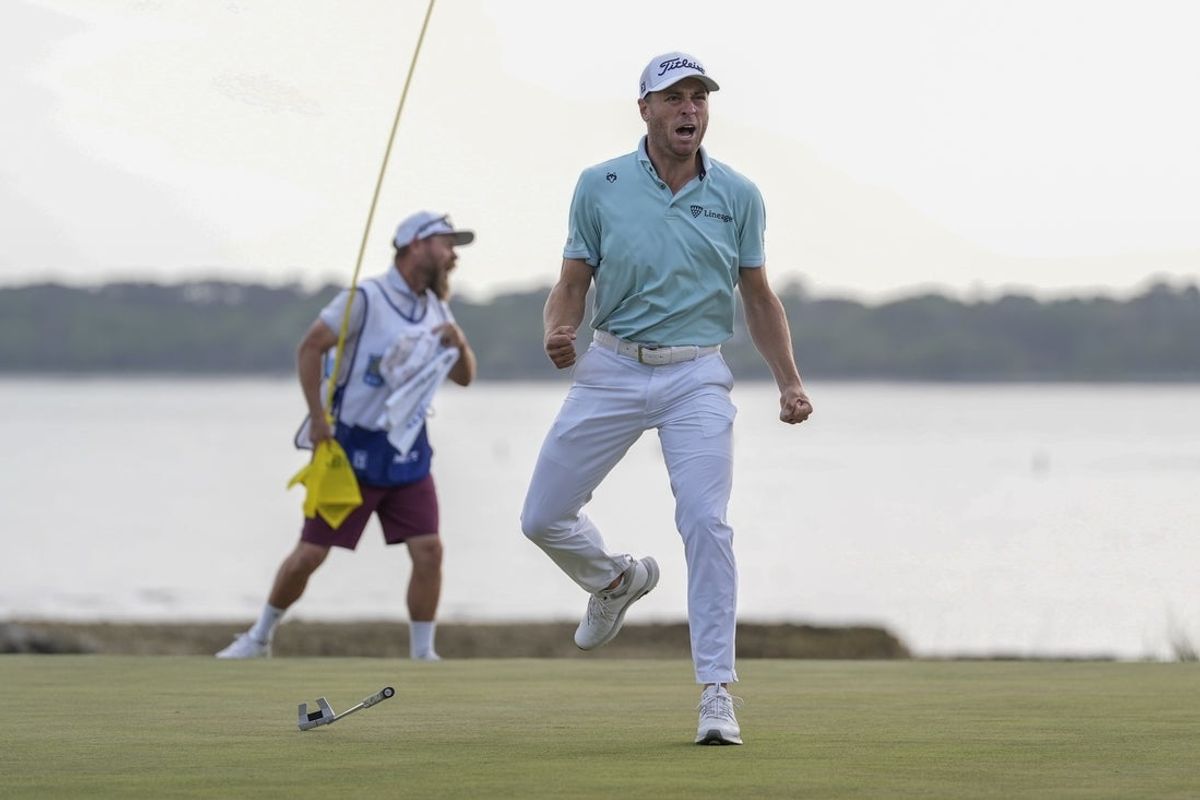 April 20, 2025; Hilton Head, S.C.; Justin Thomas reacts to his winning putt at the RBC Heritage. Credit: Jim Dedmon-Imagn Images